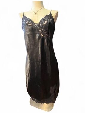 vintage Victoria's Secret Black Satin Lace Slip GOLD TAG
